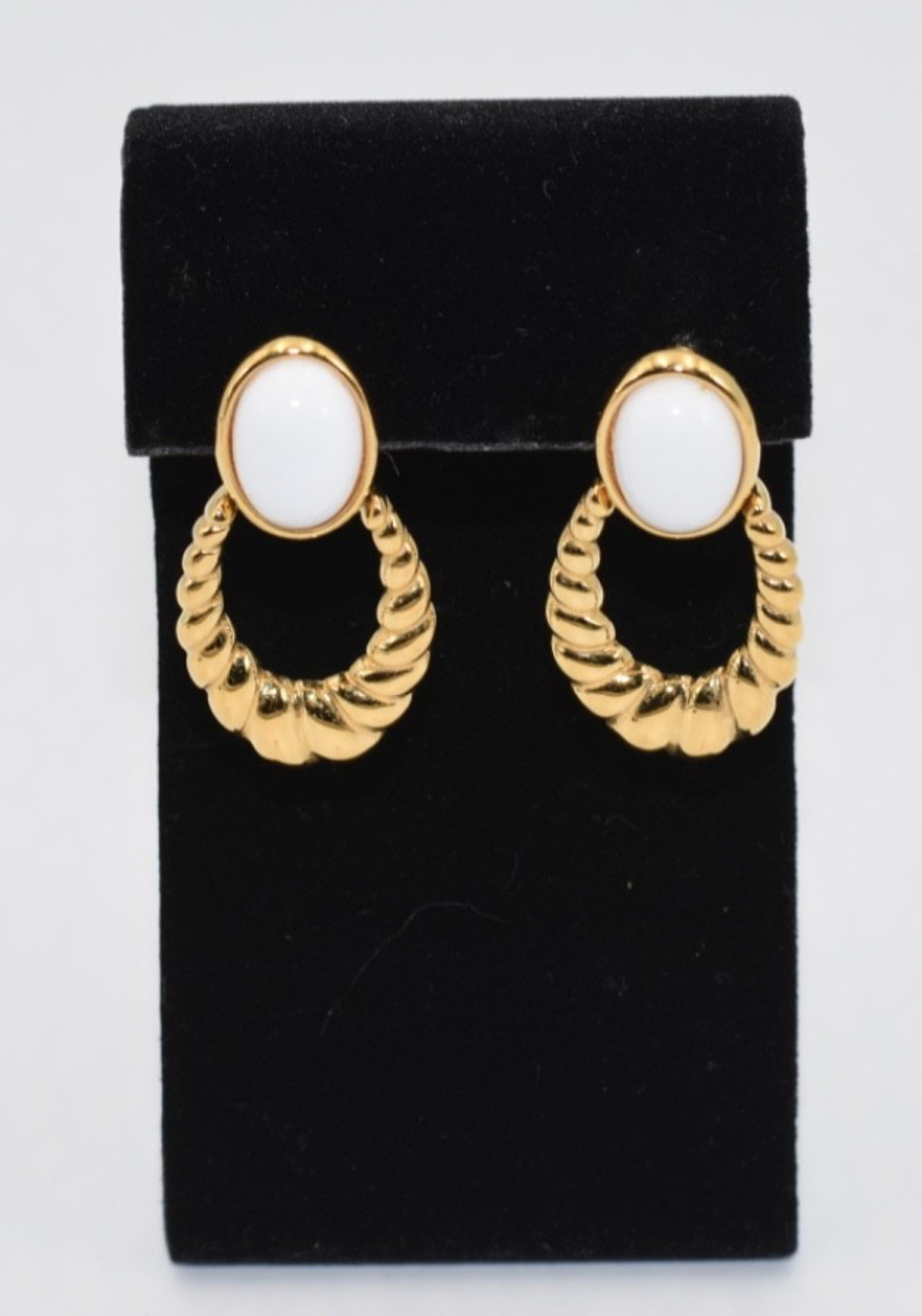 Monet Door Knocker White Button Gold Tone Designer Pierced Earrings
